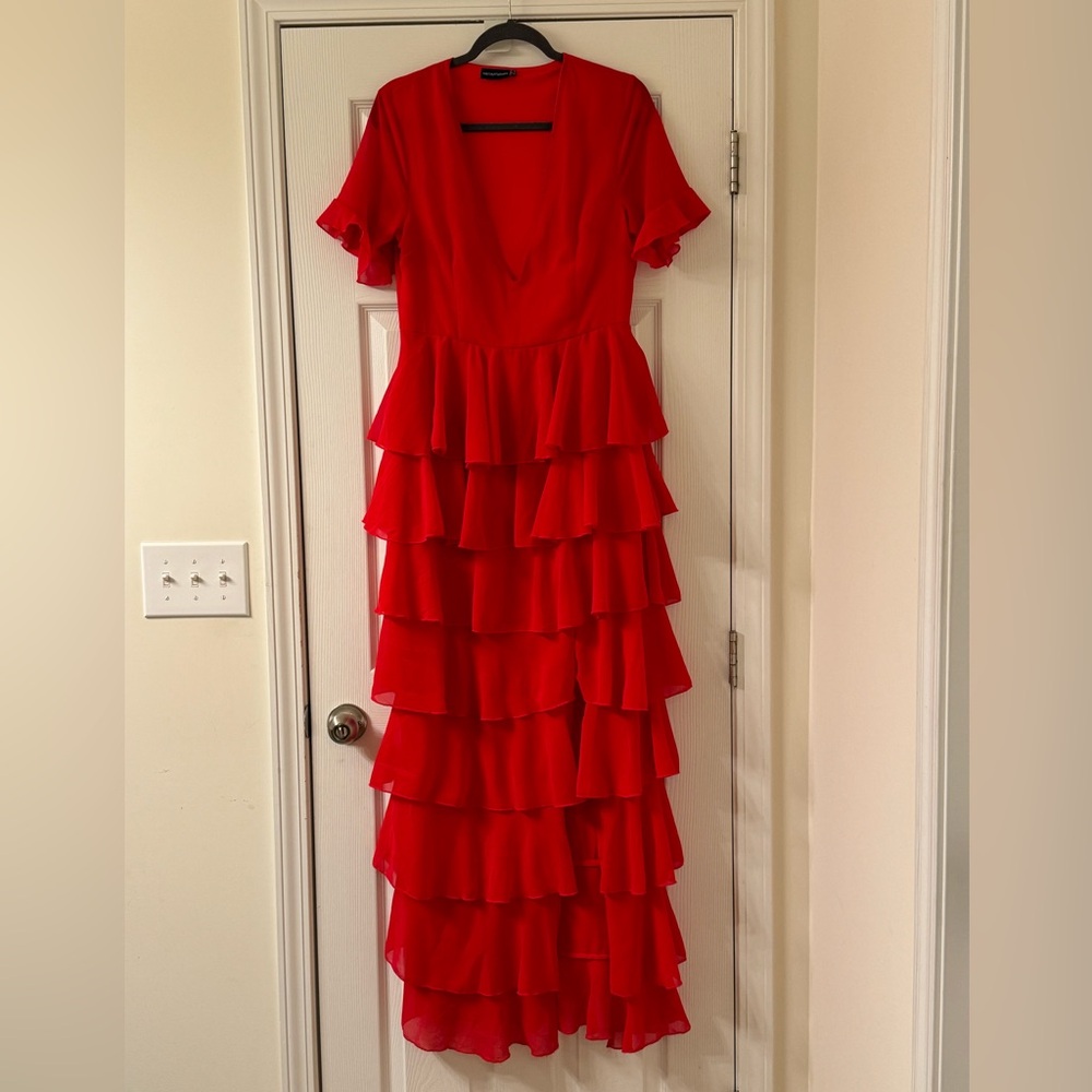 Pretty Little Thing Red ruffle dress with deep v neck